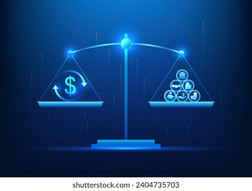 Weighing scale Weighing money with icons representing work, investing, and saving money in exchange for money for future expenses. Vector illustration