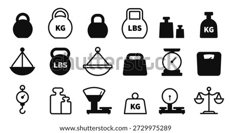Weighing scale and weight icons with kilogram and pound symbols for fitness gym equipment, freight measurement and laboratory tools. Dumbbells and balance dials vector silhouette isolated set