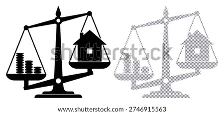 Weighing scales balancing house and stack of coins, financial concept, value, investment.