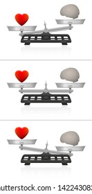 Weighing scales with brain and heart. Symbol for balance of mind and soul, of intellect and emotion, of thinking and feeling. Equal and unequal weightiness. Vector on white.
