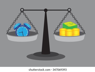 Weighing scales with gold coins and dollar notes representing money and alarm clock with bells representing time. Vector illustration on value of time concept isolated on grey background.