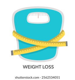 Weighing scales with measuring tape. Weight loss concept vector illustration.