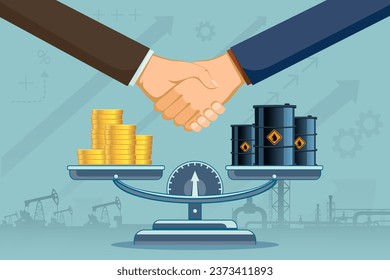 Weighing scales with oil barrels and money. Handshake of businessmen against the background of oil drilling rigs. Stock vector illustration