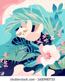 weighing sloth in flowers, branches and leaves. Palm leaves, orchid