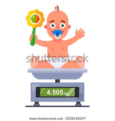 weighing a small child on a scale in a hospital. flat vector character illustration.