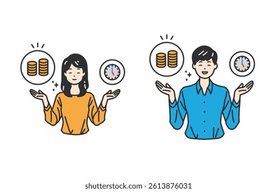 Weighing Time and Money – Efficiency Concept Illustration.　This illustration of a clock and money balancing symbolizes time efficiency. Perfect for content about cost vs. time tradeoffs.