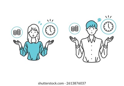 Weighing Time and Money – Efficiency Concept Illustration.　This illustration of a clock and money balancing symbolizes time efficiency. Perfect for content about cost vs. time tradeoffs.