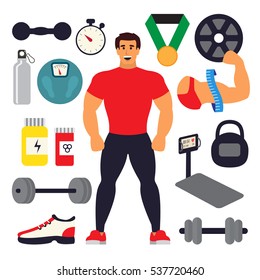 Weighlifting athlete set. Training in gym with heavy weight equipment. Strong sportsman vector illustration.