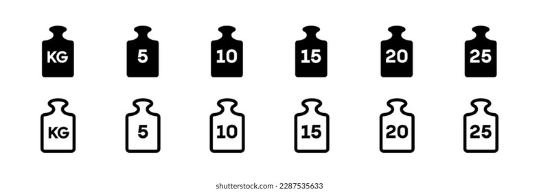 Juego de iconos vectoriales de 5 kg, 10 kg, 15 kg y 20 kilogramos. Ilustración 10 pasos.