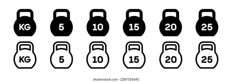 Juego de iconos vectoriales de 5 kg, 10 kg, 15 kg y 20 kilogramos.