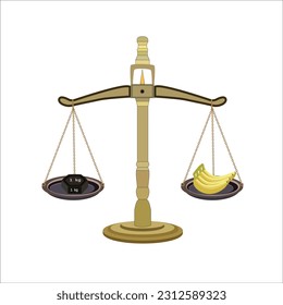 Weight balance scale 1kg weight stone. and Banana equal balance measuring. Vector illustration. balance measure symbol icon. isolated on white background.