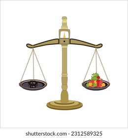 Weight balance scale 1kg weight stone and apples equal balance measuring. Vector illustration. balance measure symbol icon. isolated on white background.