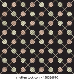 Weight barbell seamless pattern on black background.