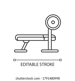 Weight bench linear icon. Fitness center, health club, home gym equipment. Strongman training thin line customizable illustration. Contour symbol. Vector isolated outline drawing. Editable stroke