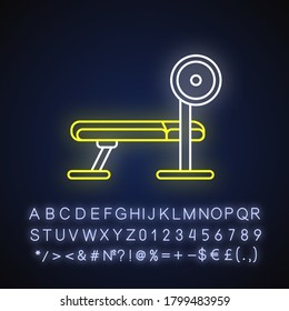 Weight bench neon light icon. Outer glowing effect. Fitness center, health club, home gym equipment. Strongman training sign with alphabet, numbers and symbols. Vector isolated RGB color illustration
