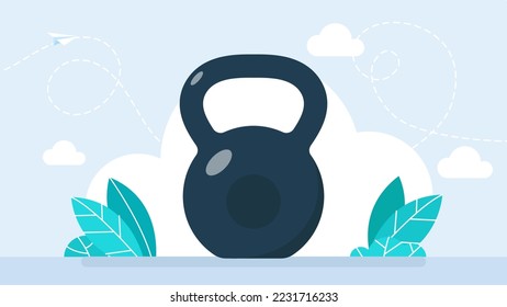 Weight. Black dumbbell. Сoncept of difficult tasks, complexity, important decisions in business. Equipment for sports and bodybuilding. Kettlebell for Strength Exercises. Flat vector illustration