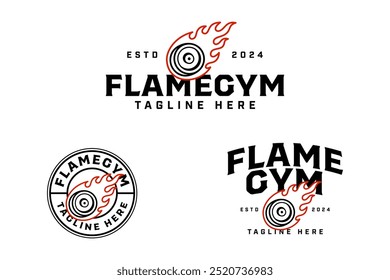 chapas para-choques de peso com emblema de emblema de chama design logotipo definido para ginástica de fitness esporte e competição. 