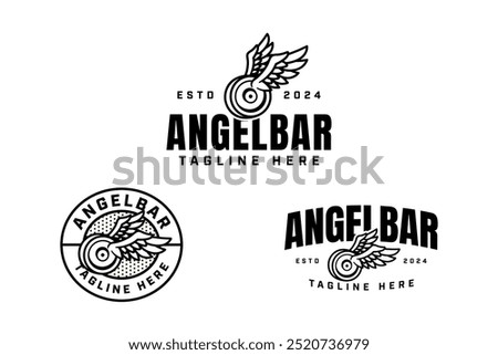 weight bumper plates with wings outline badge logo design set for gym fitness sport and competition.  barbell plates with wings illustration modern logo template for bodybuilding, weightlifting club 