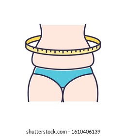 Weight change color icon. Overweight female body measurement. Cellulite on abdominal area and thighs. Obesity. Belly fat. Gain weight. Predmenstrual syndrome symptom. Isolated vector illustration