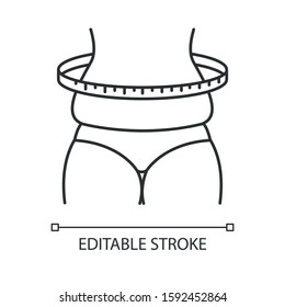 Weight change linear icon. Overweight female body measurement. Cellulite. Predmenstrual syndrome symptom. Thin line illustration. Contour symbol. Vector isolated outline drawing. Editable stroke