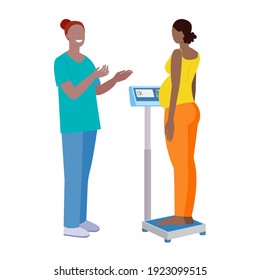 weight check. the nurse weighs the black pregnant woman. electronic medical scales.  weight control. stock vector illustration isolated on white background.