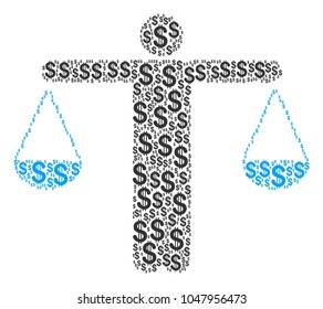 Weight Comparing Person collage of american dollars. Vector dollar pictograms are organized into weight comparing person composition.