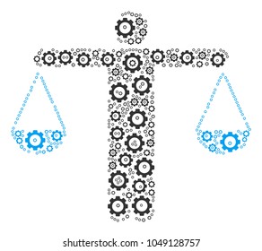 Weight Comparing Person collage of tooth gears. Vector cog wheel parts are united into weight comparing person mosaic.