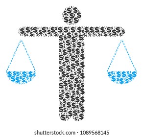 Weight comparing person composition of dollar symbols and round spots. Vector dollar symbols are grouped into weight comparing person mosaic.