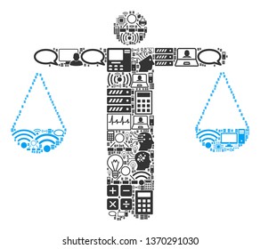 Weight Comparing Person composition icon designed for bigdata and computing illustrations. Vector weight comparing person mosaics are composed from computer, calculator, connections, wi-fi, network,