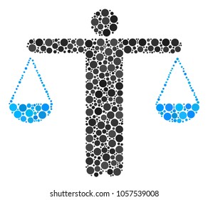 Weight Comparing Person composition of round dots in different sizes and color tinges. Dots are grouped into weight comparing person vector collage. Vector illustration.