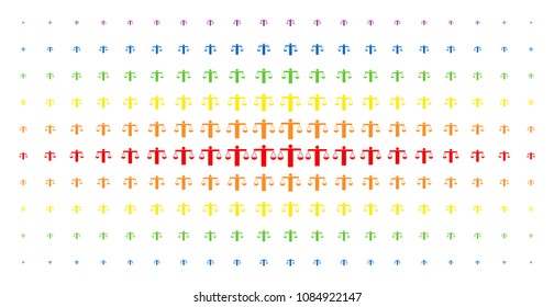 Weight comparing person icon spectrum halftone pattern. Vector weight comparing person objects are organized into halftone grid with vertical spectral gradient. Designed for backgrounds, covers,