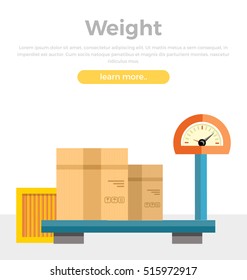 Weight concept web banner in flat style. Cardboard and wooden packages on scales. Weighing parcels at the post office. Illustration for delivery companies and services web pages design.