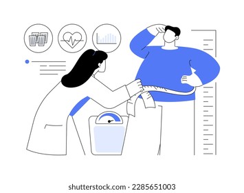 Weight control abstract concept vector illustration. Family doctor checks patient weight, nutritional counseling, obesity problem, preventive care, primary care physician abstract metaphor.