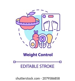 Icono de concepto de control de peso. Riesgo de reducción de la artritis, idea abstracta de ilustración de línea delgada. Alimentos y dieta saludables. Perdiendo peso. Dibujo de color de contorno aislado del vector. Trazo editable