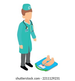 Weight control icon isometric vector. Male doctor and patient on floor scale. Healthcare, medical checkup