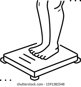 Weight control: legs standing on the scales line art icon