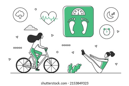 Weight Control Via Physical Activity. Burning Extra Calories, Balanced Diet Vector Monocolor Illustration