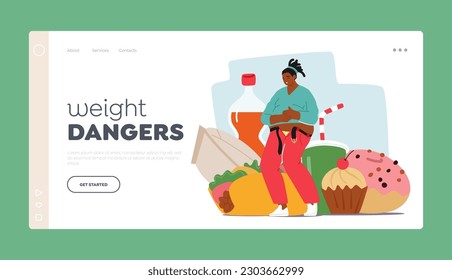 Weight Danger Landing Page Template. Obese Woman Struggles To Zip Up Undersized Pants Due To Her Excess Weight, Highlighting The Issues Faced By Those With Obesity. Cartoon People Vector Illustration