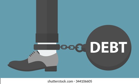 Weight of debt chained to a man`s foot. Flat style