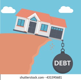 Weight of debt on a house pulling it down in the abyss. Flat style