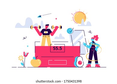 Weight and fat loss vector illustration. Flat tiny slim fit body persons concept. Diet lifestyle for healthy fitness sport shape. Exercise to balance and control figure and calories. Mass measurement.