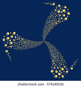 Weight fireworks swirl rotation. Vector illustration style is flat yellow iconic symbols on a blue background. Object twirl constructed from random pictographs.