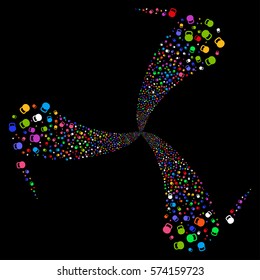 Weight fireworks swirl rotation. Vector illustration style is flat bright multicolored iconic symbols on a black background. Object twirl made from random pictographs.
