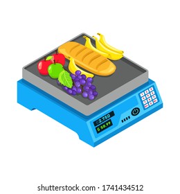 Weight for food. Weighing process in store or supermarket. Detailed vector isometric illustration.