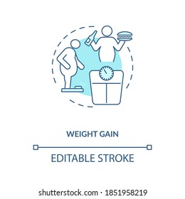 Weight gain concept icon. Calories in energetics idea thin line illustration. Health condition. High-energy food eating. Diabetes treatment. Vector isolated outline RGB color drawing. Editable stroke