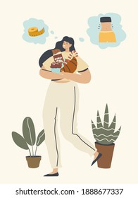 Aumento De Peso, Fallo De La Dieta, Concepto De Perturbación. Personaje femenino lleva pieles de dulces. La mujer come comida rápida con comida rápida y panadería, evita estilos de vida saludables, sin dieta. Ilustración de vectores lineales