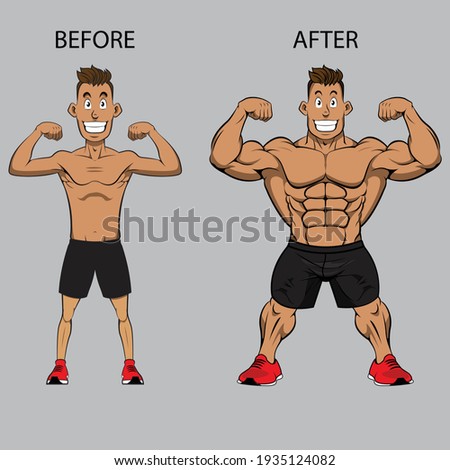 Weight gain. Man before and after exercise vector illustration. Man weight gain, muscular guy, skinny guy