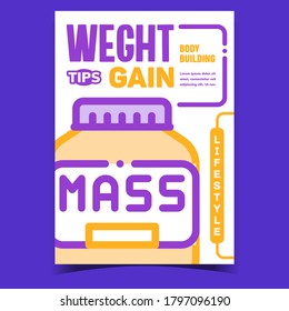 Weight Gain Tips Creative Advertise Poster Vector. Mass Gain Nutrition Bottle On Promotional Banner. Gaining Muscle, Fitness And Bodybuilding Lifestyle Concept Template Style Color Illustration
