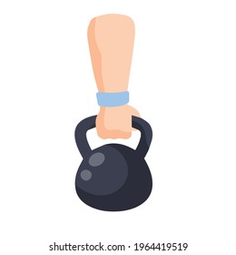 Weight. Hand holding black dumbbell. Equipment for sports and bodybuilding. Athlete with Kettlebell for Strength exercises. Flat cartoon illustration