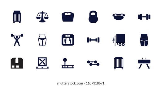Weight Icon. Collection Of 18 Weight Filled Icons Such As Barbell, Floor Scales, Scales, Cargo Container, Cargo Height, Power Lifter. Editable Weight Icons For Web And Mobile.